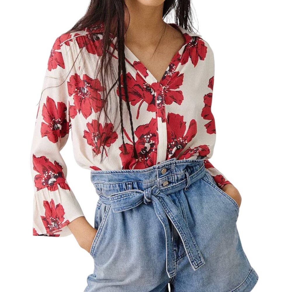 ba&sh White Blouse with Red Floral Print